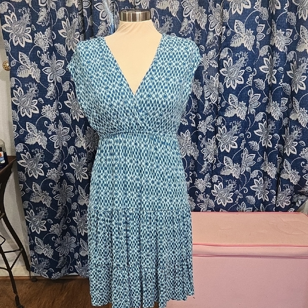 New York & Company Teal Patterned Midi Dress
